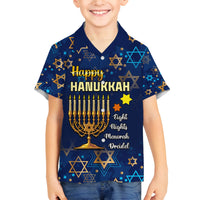 Personalised Hanukkah Festival Family Matching Off Shoulder Long Sleeve Dress and Hawaiian Shirt Eight Nights Menorah Dreidel - Wonder Print Shop