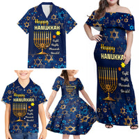 Personalised Hanukkah Festival Family Matching Off Shoulder Maxi Dress and Hawaiian Shirt Eight Nights Menorah Dreidel - Wonder Print Shop