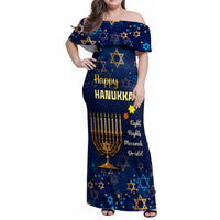 Personalised Hanukkah Festival Family Matching Off Shoulder Maxi Dress and Hawaiian Shirt Eight Nights Menorah Dreidel - Wonder Print Shop
