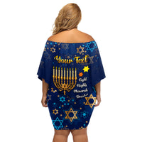 Personalised Hanukkah Festival Family Matching Off Shoulder Short Dress and Hawaiian Shirt Eight Nights Menorah Dreidel - Wonder Print Shop