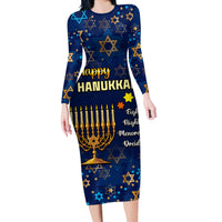 Personalised Hanukkah Festival Long Sleeve Bodycon Dress Eight Nights Menorah Dreidel - Wonder Print Shop