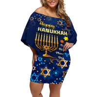Personalised Hanukkah Festival Off Shoulder Short Dress Eight Nights Menorah Dreidel - Wonder Print Shop