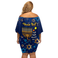 Personalised Hanukkah Festival Off Shoulder Short Dress Eight Nights Menorah Dreidel - Wonder Print Shop