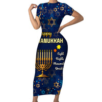 Personalised Hanukkah Festival Short Sleeve Bodycon Dress Eight Nights Menorah Dreidel - Wonder Print Shop