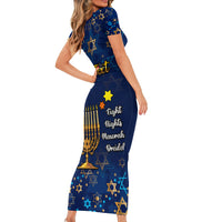 Personalised Hanukkah Festival Short Sleeve Bodycon Dress Eight Nights Menorah Dreidel - Wonder Print Shop