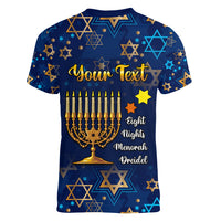 Personalised Hanukkah Festival Women V Neck T Shirt Eight Nights Menorah Dreidel - Wonder Print Shop