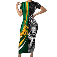 Custom New Zealand and South Africa Rugby Family Matching Short Sleeve Bodycon Dress and Hawaiian Shirt Silver Fern Protea Pattern World Cup 2023 - Wonder Print Shop