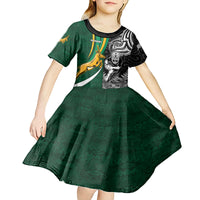 Custom New Zealand and South Africa Rugby Kid Short Sleeve Dress Silver Fern Protea Pattern World Cup 2023 - Wonder Print Shop