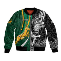 Custom New Zealand and South Africa Rugby Sleeve Zip Bomber Jacket Silver Fern Protea Pattern World Cup 2023 - Wonder Print Shop