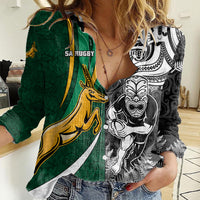 Custom New Zealand and South Africa Rugby Women Casual Shirt Silver Fern Protea Pattern World Cup 2023 - Wonder Print Shop
