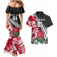 Custom New Zealand and England Rugby Couples Matching Mermaid Dress and Hawaiian Shirt Silver Fern With Red Rose World Cup 2023 - Wonder Print Shop