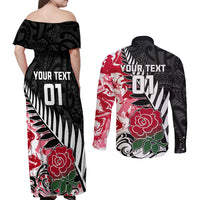 Custom New Zealand and England Rugby Couples Matching Off Shoulder Maxi Dress and Long Sleeve Button Shirt Silver Fern With Red Rose World Cup 2023 - Wonder Print Shop