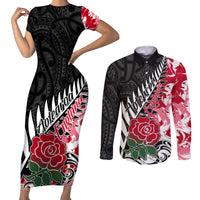 Custom New Zealand and England Rugby Couples Matching Short Sleeve Bodycon Dress and Long Sleeve Button Shirt Silver Fern With Red Rose World Cup 2023 - Wonder Print Shop