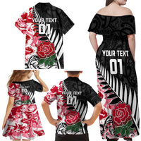 Custom New Zealand and England Rugby Family Matching Off Shoulder Maxi Dress and Hawaiian Shirt Silver Fern With Red Rose World Cup 2023 - Wonder Print Shop