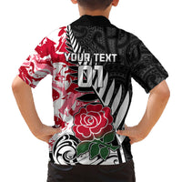 Custom New Zealand and England Rugby Family Matching Short Sleeve Bodycon Dress and Hawaiian Shirt Silver Fern With Red Rose World Cup 2023 - Wonder Print Shop