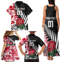 Custom New Zealand and England Rugby Family Matching Tank Maxi Dress and Hawaiian Shirt Silver Fern With Red Rose World Cup 2023 - Wonder Print Shop