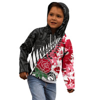 Custom New Zealand and England Rugby Kid Hoodie Silver Fern With Red Rose World Cup 2023 - Wonder Print Shop