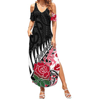Custom New Zealand and England Rugby Summer Maxi Dress Silver Fern With Red Rose World Cup 2023 - Wonder Print Shop