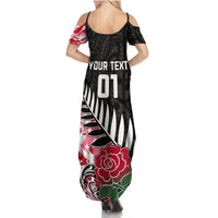 Custom New Zealand and England Rugby Summer Maxi Dress Silver Fern With Red Rose World Cup 2023 - Wonder Print Shop