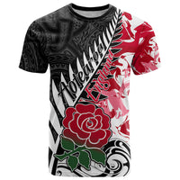 Custom New Zealand and England Rugby T Shirt Silver Fern With Red Rose World Cup 2023 - Wonder Print Shop
