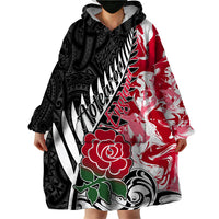 Custom New Zealand and England Rugby Wearable Blanket Hoodie Silver Fern With Red Rose World Cup 2023 - Wonder Print Shop