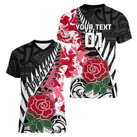 Custom New Zealand and England Rugby Women V Neck T Shirt Silver Fern With Red Rose World Cup 2023 - Wonder Print Shop