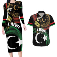 Personalized Libya Couples Matching Long Sleeve Bodycon Dress and Hawaiian Shirt White Star And Crescent - Wonder Print Shop
