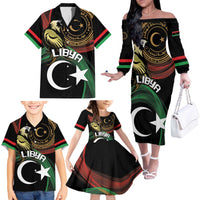 Personalized Libya Family Matching Off The Shoulder Long Sleeve Dress and Hawaiian Shirt White Star And Crescent - Wonder Print Shop