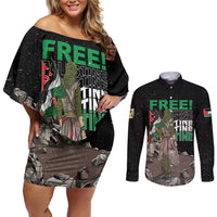 Free Palestine Couples Matching Off Shoulder Short Dress and Long Sleeve Button Shirt Eagle of Saladin - Wonder Print Shop