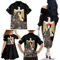 Free Palestine Family Matching Off The Shoulder Long Sleeve Dress and Hawaiian Shirt Eagle of Saladin - Wonder Print Shop