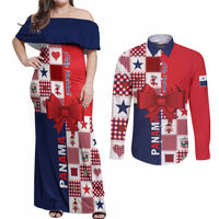 Panama Christmas Feliz Navidad Couples Matching Off Shoulder Maxi Dress and Long Sleeve Button Shirt Coquette Bow Style - Wonder Print Shop