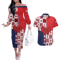 Panama Christmas Feliz Navidad Couples Matching Off The Shoulder Long Sleeve Dress and Hawaiian Shirt Coquette Bow Style - Wonder Print Shop