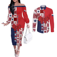 Panama Christmas Feliz Navidad Couples Matching Off The Shoulder Long Sleeve Dress and Long Sleeve Button Shirt Coquette Bow Style