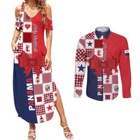 Panama Christmas Feliz Navidad Couples Matching Summer Maxi Dress and Long Sleeve Button Shirt Coquette Bow Style - Wonder Print Shop