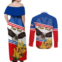 Serbia and Montenegro National Day Couples Matching Off Shoulder Maxi Dress and Long Sleeve Button Shirt Eagle With Mimosa Flower - Wonder Print Shop