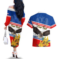 Serbia and Montenegro National Day Couples Matching Off The Shoulder Long Sleeve Dress and Hawaiian Shirt Eagle With Mimosa Flower - Wonder Print Shop