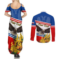 Serbia and Montenegro National Day Couples Matching Summer Maxi Dress and Long Sleeve Button Shirt Eagle With Mimosa Flower - Wonder Print Shop