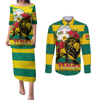 Togo Independence Day Couples Matching Puletasi and Long Sleeve Button Shirt Lion With Rosa Flag Style - Wonder Print Shop
