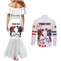 Custom USA vs Canada Ice Hockey Face Off Couples Matching Mermaid Dress and Long Sleeve Button Shirt Stars Maple Leaf