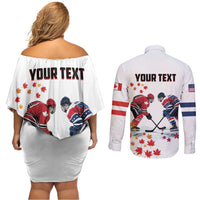 Custom USA vs Canada Ice Hockey Face Off Couples Matching Off Shoulder Short Dress and Long Sleeve Button Shirt Stars Maple Leaf