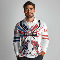 Custom USA vs Canada Ice Hockey Face Off Long Sleeve Polo Shirt Stars Maple Leaf