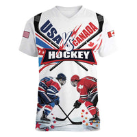 Custom USA vs Canada Ice Hockey Face Off Women V-Neck T-Shirt Stars Maple Leaf