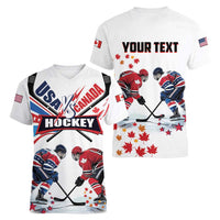 Custom USA vs Canada Ice Hockey Face Off Women V-Neck T-Shirt Stars Maple Leaf