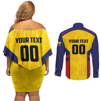 Custom Ecuador Rugby Couples Matching Off Shoulder Short Dress and Long Sleeve Button Shirt Los Piqueros Go Champions