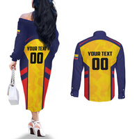 Custom Ecuador Rugby Couples Matching Off The Shoulder Long Sleeve Dress and Long Sleeve Button Shirt Los Piqueros Go Champions