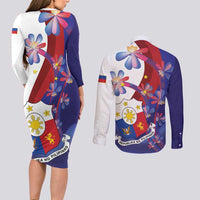 Philippines Sun Plumeria Floral Couples Matching Long Sleeve Bodycon Dress and Long Sleeve Button Shirt Unique Stylized