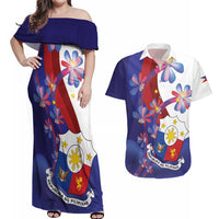 Philippines Sun Plumeria Floral Couples Matching Off Shoulder Maxi Dress and Hawaiian Shirt Unique Stylized