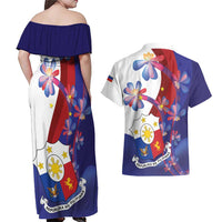 Philippines Sun Plumeria Floral Couples Matching Off Shoulder Maxi Dress and Hawaiian Shirt Unique Stylized