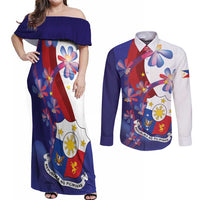 Philippines Sun Plumeria Floral Couples Matching Off Shoulder Maxi Dress and Long Sleeve Button Shirt Unique Stylized
