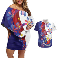Philippines Sun Plumeria Floral Couples Matching Off Shoulder Short Dress and Hawaiian Shirt Unique Stylized